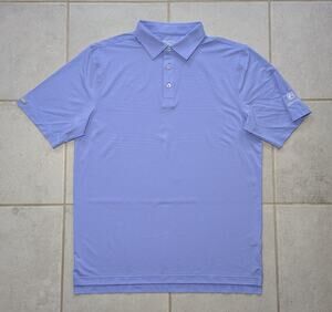 Straight Down Men's Medium Golf Polo Shirt Purple Blue Stripe Seville Logo
